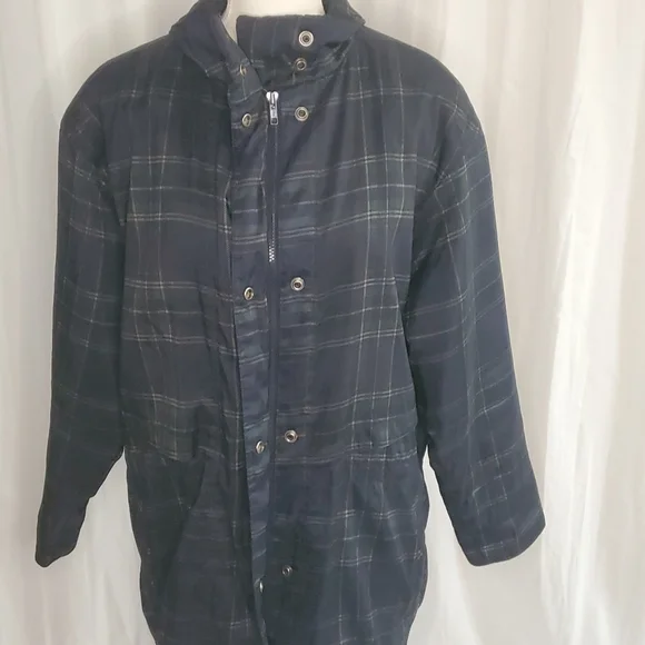 London Fog Womens Jacket Coat Multicolor Navy Plaid Snap Mock Neck Pockets Sz 0X - Picture 2 of 11